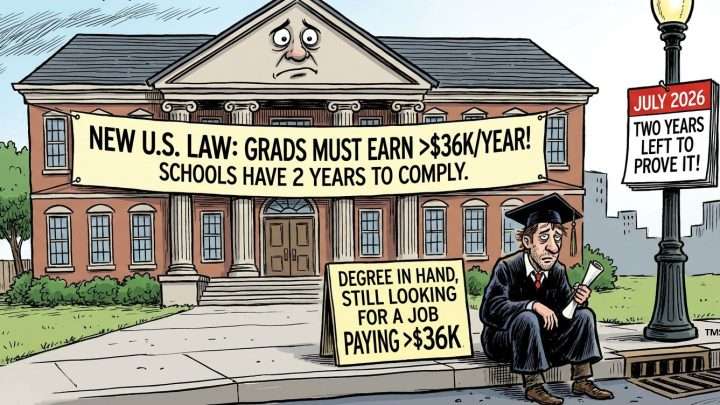 Political cartoon showing a university building with a banner reading 'New U.S. Law: Grads must earn >$36K/year! Schools have 2 years to comply.' A graduate in a cap and gown sits on the steps holding a rolled diploma, beside a sign that says 'Degree in hand, still looking for a job paying >$36K.' On a lamppost, a calendar sign reads 'July 2026 — Two years left to prove it!'