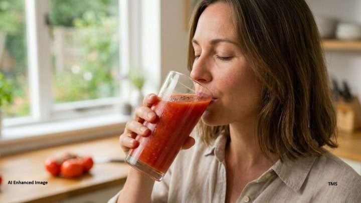 Woman in a bright kitchen sipping a tall glass of red tomato juice with her eyes closed in a relaxed moment