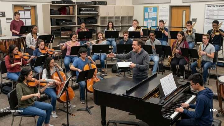 School band rehearsal: a diverse group of students playing strings, woodwinds, and brass while a conductor directs from the piano in a music room.