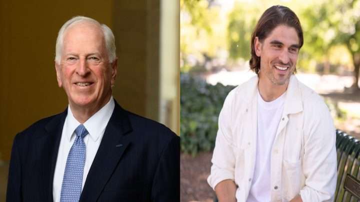 Two men photographed separately: an older man in a dark suit and blue tie, and a younger man in a white shirt outdoors on a park bench.