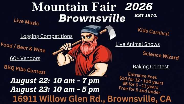 Poster for Mountain Fair 2026 in Brownsville featuring a cartoon lumberjack and event lineup (live music, vendors, contests, animal shows).