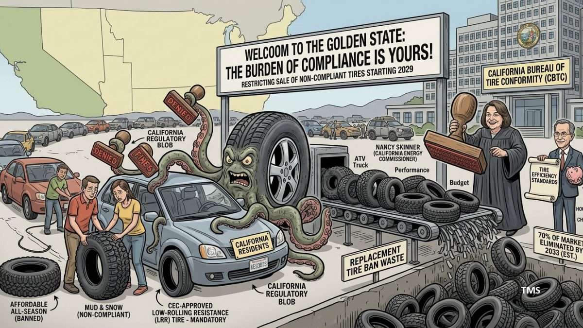 Cartoon showing a giant tire monster gripping a car as California regulators push mandatory tire compliance, with the banner: 'Welcome to the Golden State: The burden of compliance is yours.'